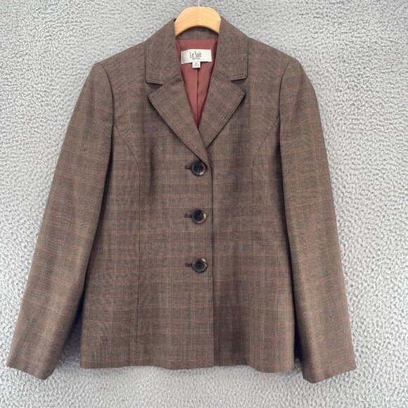 Le Suit Blazer Womens 8 Petite Brown Plaid Button Up Notch Lapel Office Career - Picture 1 of 10